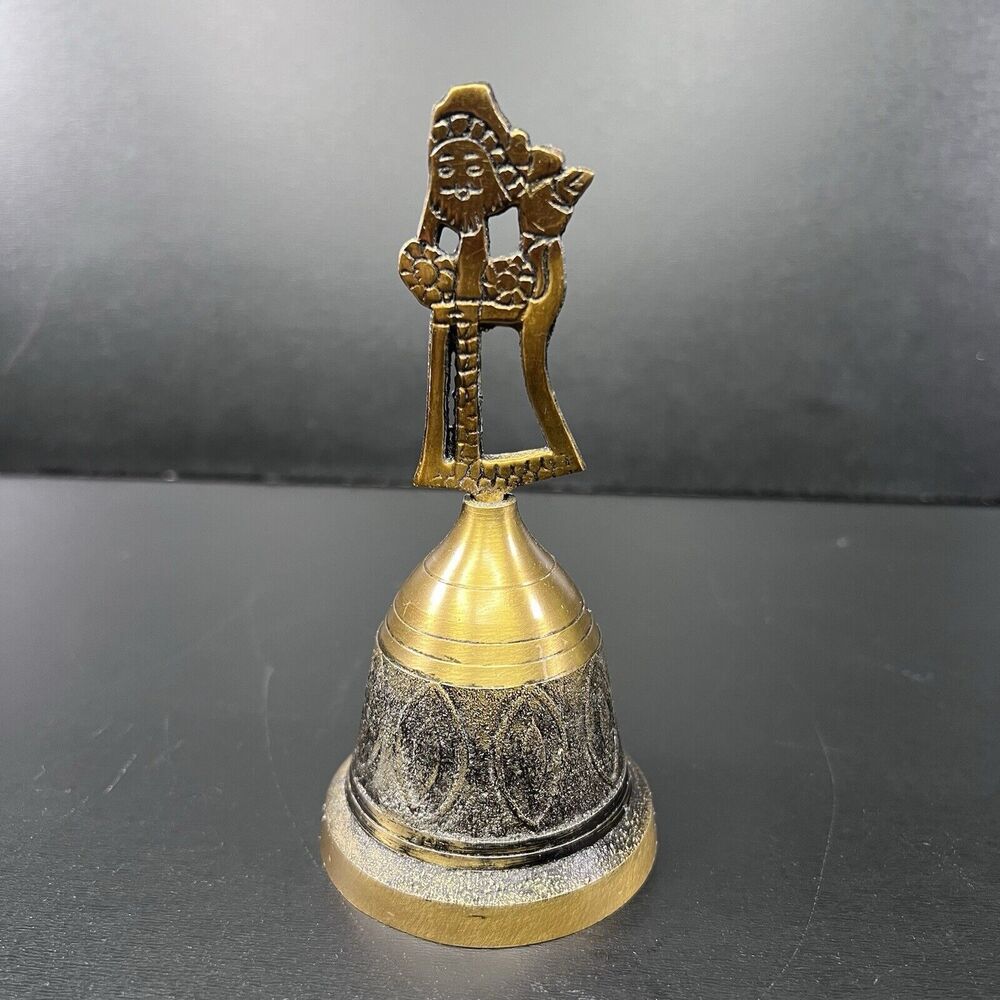 Vintage Brass Santa Claus Handle Hand Bell Christmas Holiday